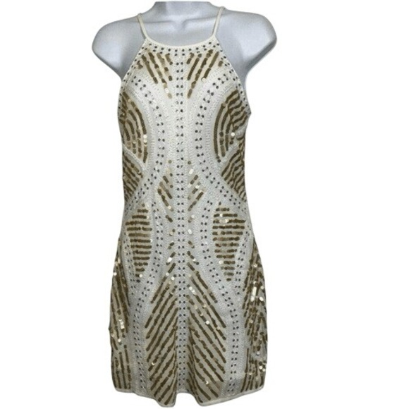 POLY USA BY NEBLON White Chiffon Sheath Dress Sequin Adorned Cut Out‎ Back EUC S - Picture 1 of 10